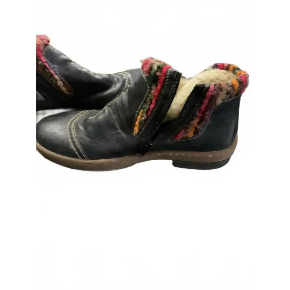 Reiker Navy Blue Ankle Boots with Colorful Knit Trim Size 40 (9.5)